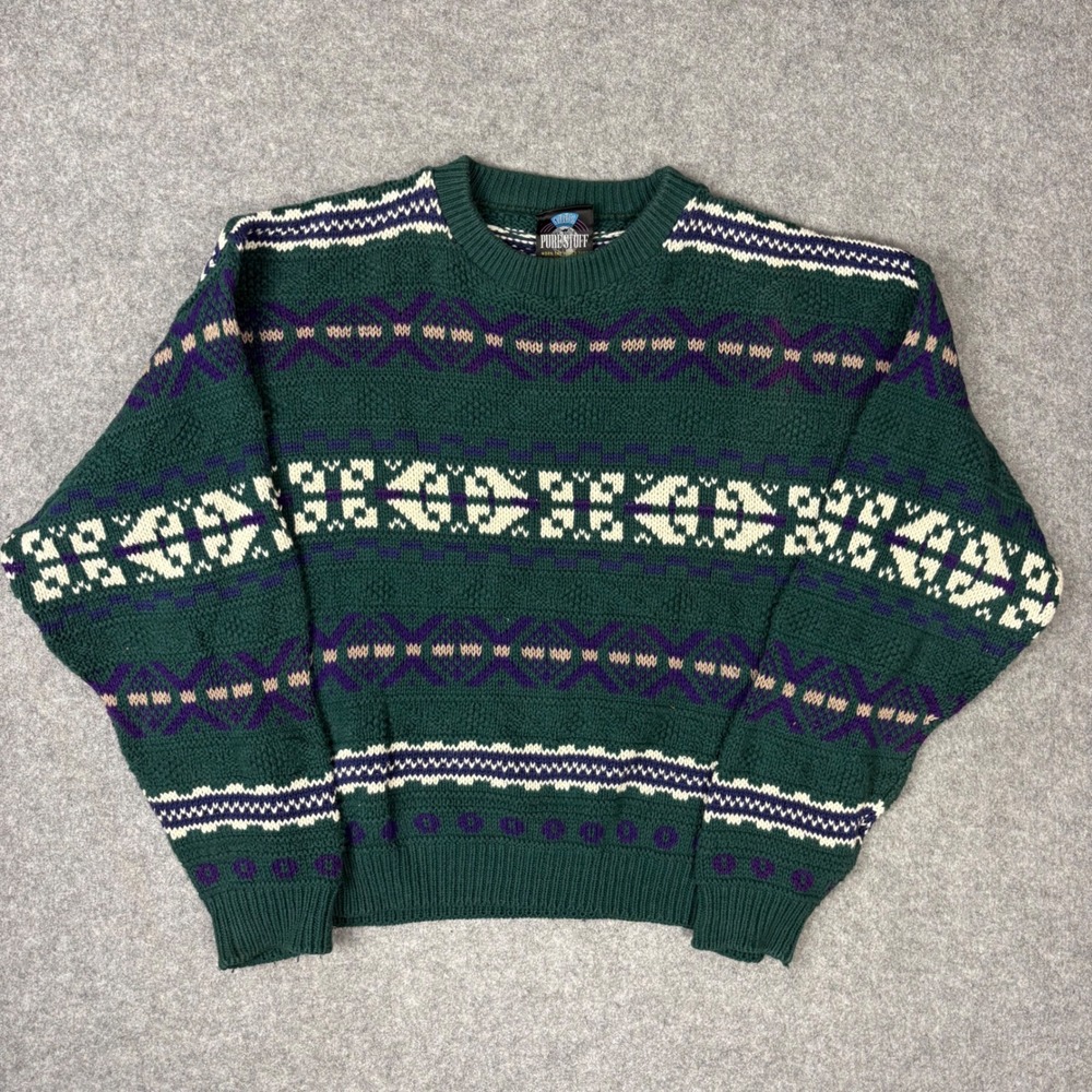 Vintage Pure Stuff Green Fair Isle Sweater Men Large 100% Cotton Made in USA 90s